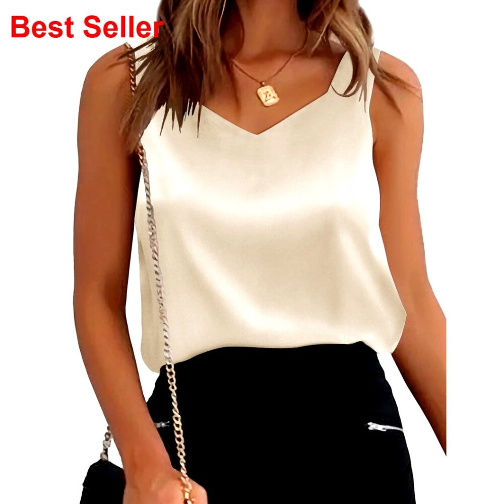Satin V-Neck Tank Top, Double Layer, Wide Straps, Versatile Blouse